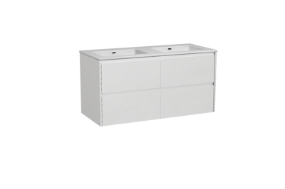 Storke Seda hängendes Möbelstück Set: 120 x 52 cm, Weiß matt, mit Diva Doppelwaschtisch, Marmorkomposit Weiß glänzend