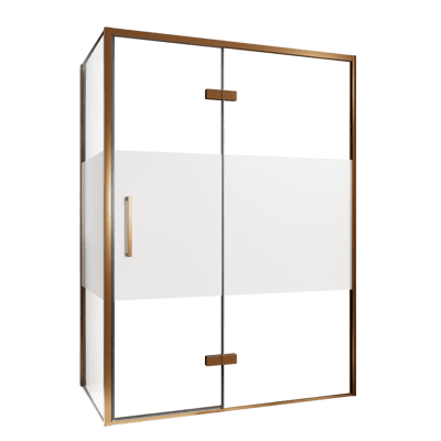 Balmani Senses Design douche en coin avec porte pivotante à droite et paroi latérale fixe, 140 x 80 cm, Verre transparent avec bande matte, Profil Brushed Rosegold