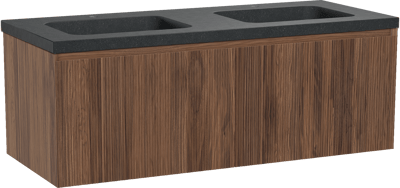 Balmani Fila meuble salle de bains suspendu 135 x 55 cm noyer avec Napoli double vasque en granit noir, Nervure droite symétrique verticale