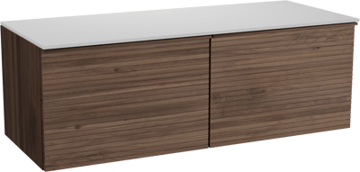 Balmani Forma zwevend badmeubel 135 x 55 cm amerikaans notenhout met Stretto enkel of dubbel wastafelblad in solid surface mat wit, Horizontale symmetrische rechte ribbel