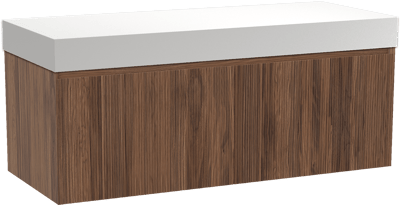 Balmani Fila meuble salle de bains suspendu 135 x 55 cm noyer avec Dominus tablette simple ou double en solid surface blanc mat, Nervure droite symétrique verticale