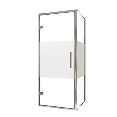 Balmani Senses Design Eckdusche: Drehtür (Links) mit fixierte Seitenwand, 90 x 100 cm, Klarglas mit mattiertem Streifen, Profil Chrom