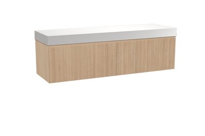 Balmani Fila meuble salle de bains suspendu 180 x 55 cm chêne naturel avec Dominus tablette simple ou double en solid surface blanc mat, Nervure droite symétrique verticale