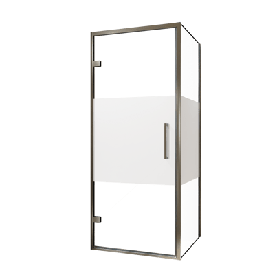 Balmani Senses Design douche en coin avec porte pivotante à gauche et paroi latérale fixe, 90 x 80 cm, Verre transparent avec bande matte, Profil Brushed GunMetal