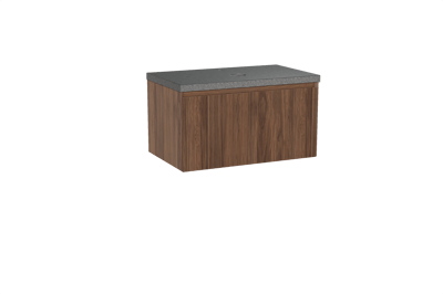 Balmani Fila hängendes Möbelstück Set: 90 x 55 cm, Nussbaum, mit Rock Einzel Waschtischplatte, Granit, Schwarzes Granit, Vertikale symmetrische gerade Rippe