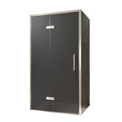 Balmani Senses Design douche en coin avec porte pivotante à gauche et paroi latérale fixe, 100 x 90 cm, Verre fumé, Profil Brushed CoolMetal