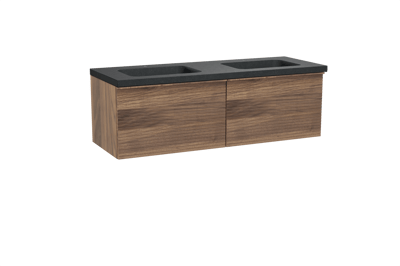 Balmani Forma zwevend badkamermeubel 150 x 55 cm amerikaanse notelaar met Napoli dubbele wastafel in graniet zwart, Horizontale symmetrische rechte ribbel