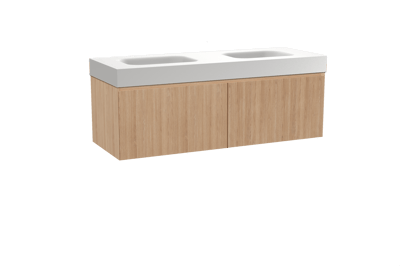 Balmani Fila hängendes Möbelstück Set: 150 x 55 cm, Naturbelassene Eiche, mit Arcato Doppelwaschtisch, Solid Surface, Weiß matt, Vertikale symmetrische gerade Rippe