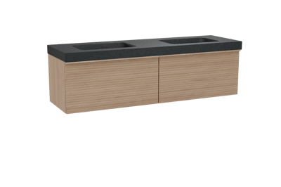 Balmani Forma zwevend badkamermeubel 180 x 55 cm natuur eik met Napoli dubbele wastafel in graniet zwart, Horizontale symmetrische rechte ribbel