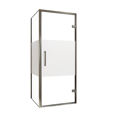 Balmani Senses Design Eckdusche: Drehtür (Rechts) mit fixierte Seitenwand, 90 x 80 cm, Klarglas mit mattiertem Streifen, Profil Brushed GunMetal