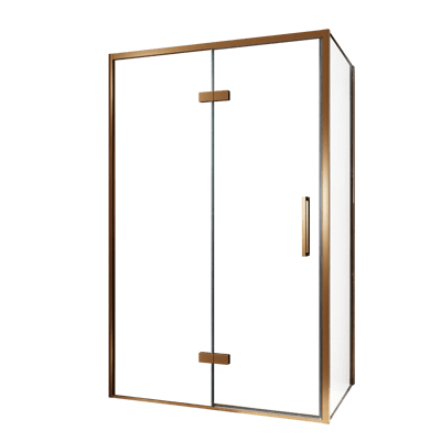 Balmani Senses Design douche en coin avec porte pivotante à gauche et paroi latérale fixe, 120 x 80 cm, Verre transparent, Profil Brushed Rosegold