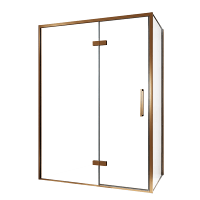 Balmani Senses Design douche en coin avec porte pivotante à gauche et paroi latérale fixe, 140 x 90 cm, Verre transparent, Profil Brushed Rosegold