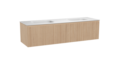 Balmani Fila hängendes Möbelstück Set: 180 x 55 cm, Naturbelassene Eiche, mit Tablo Arcato Doppelwaschtisch, Solid Surface, Weiß matt, Vertikale symmetrische gerade Rippe