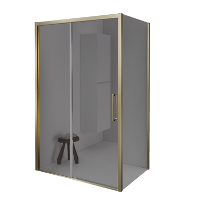 Balmani Senses Design douche en coin avec porte coulissante à gauche et paroi latérale fixe, 140 x 80 cm, Miroir Reflex, Profil Brushed Champagne Gold