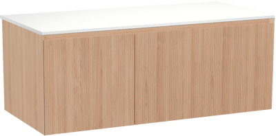 Balmani Fila zwevend badkamermeubel 120 x 55 cm natuur eik met Stretto enkel of dubbel tablet in solid surface mat wit, Verticale symmetrische rechte ribbel