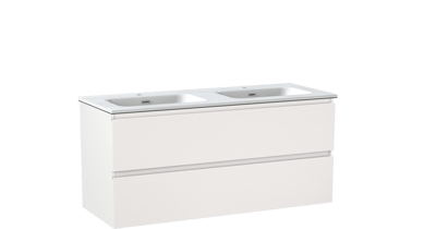 Linie Lado zwevend badkamermeubel 120 x 46 cm mat wit met Baro dubbele wastafel in porselein glanzend wit