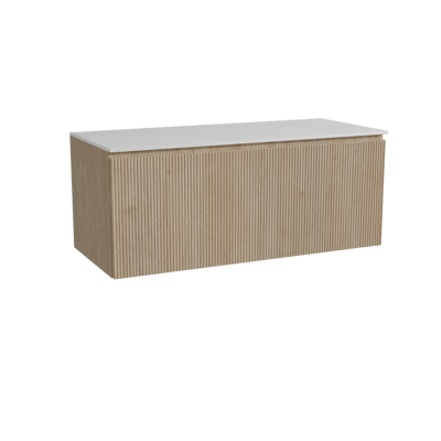 Storke Ribs zwevend badkamermeubel 120 x 52 cm ruwe eik met Tavola enkel of dubbel tablet in solid surface mat wit, Verticale symmetrische rechte ribbel