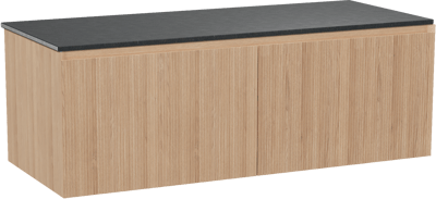 Balmani Fila zwevend badkamermeubel 135 x 55 cm natuur eik met Stretto enkel of dubbel tablet in graniet zwart, Verticale symmetrische rechte ribbel