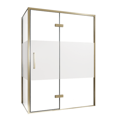 Balmani Senses Design douche d'angle avec porte pivotante à droite et paroi latérale fixe, 140 x 100 cm, Verre transparent avec bande mate, Profil Brushed Champagne Gold