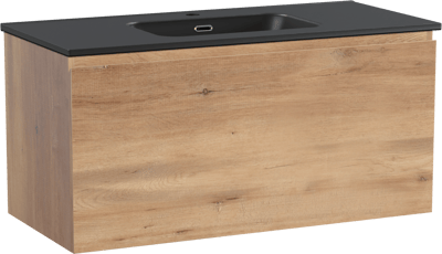 Linie Lado meuble salle de bains suspendu 100 x 46 cm chêne naturel avec Baro plan simple en porcelaine noir mat
