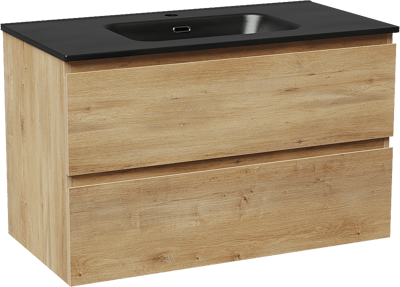 Linie Lado zwevend badkamermeubel 90 x 46 cm natuur eik met Baro enkele wastafel in porselein mat zwart