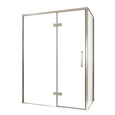 Balmani Senses Design douche en coin avec porte pivotante à gauche et paroi latérale fixe, 140 x 70 cm, Verre transparent, Profil Brushed CoolMetal