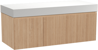 Balmani Fila zwevend badkamermeubel 135 x 55 cm natuur eik met Dominus enkel of dubbel tablet in solid surface mat wit, Verticale symmetrische rechte ribbel