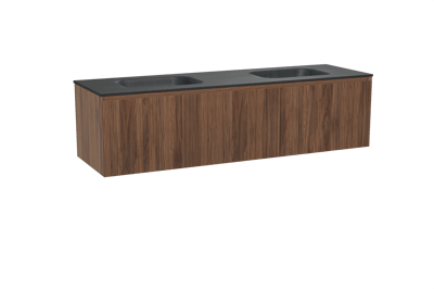 Balmani Fila zwevend badkamermeubel 180 x 55 cm notelaar met Tablo Arcato dubbele wastafel in graniet zwart, Verticale symmetrische rechte ribbel