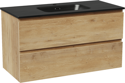 Linie Lado zwevend badmeubel 100 x 46 cm naturel eiken met Baro enkele wastafel in porselein mat zwart