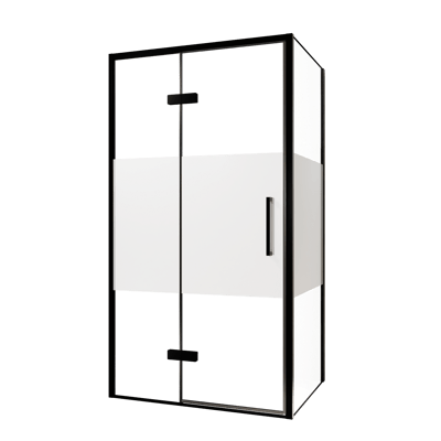 Balmani Senses Design douche d'angle avec porte pivotante à gauche et paroi latérale fixe, 100 x 100 cm, Verre transparent avec bande mate, Profil noir