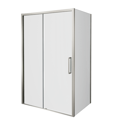 Balmani Senses Design douche en coin avec porte coulissante à gauche et paroi latérale fixe, 180 x 80 cm, Verre transparent, Profil Brushed CoolMetal