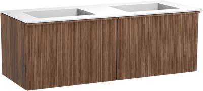 Balmani Forma meuble salle de bains suspendu 135 x 55 cm noyer américain avec Tablo Stretto double vasque en solid surface blanc mat, Nervure circulaire asymétrique verticale