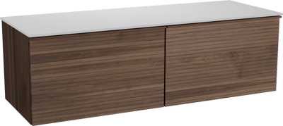 Balmani Forma meuble salle de bains suspendu 150 x 55 cm noyer américain avec Stretto tablette simple ou double en solid surface blanc mat, Nervure droite symétrique horizontale