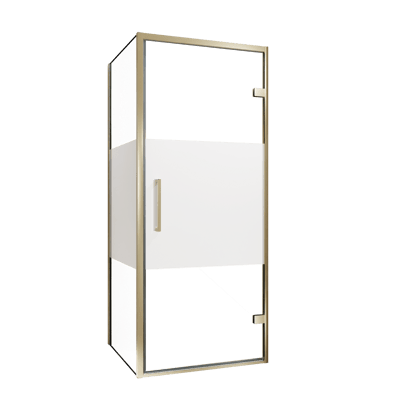 Balmani Senses Design Eckdusche: Drehtür (Rechts) mit fixierte Seitenwand, 90 x 80 cm, Klarglas mit mattiertem Streifen, Profil Brushed Champagner Gold