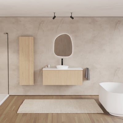 Balmani Fila hängendes Möbelstück Set: 120 x 55 cm, Naturbelassene Eiche, mit Stretto Einzel- oder Doppel Waschtischplatte, Solid Surface, Weiß matt, Vertikale symmetrische gerade Rippe