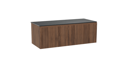 Balmani Fila hängendes Möbelstück Set: 135 x 55 cm, Nussbaum, mit Stretto Einzel- oder Doppel Waschtischplatte, Granit, Schwarzes Granit, Vertikale symmetrische gerade Rippe