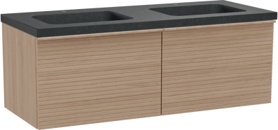 Balmani Forma hängendes Möbelstück Set: 135 x 55 cm, Naturbelassene Eiche, mit Napoli Doppelwaschtisch, Granit, Schwarzes Granit, Horizontale symmetrische gerade Rippe