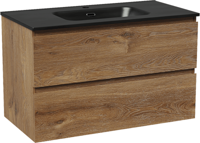 Linie Lado meuble salle de bains suspendu 90 x 46 cm chêne brun avec Baro plan simple en porcelaine noir mat