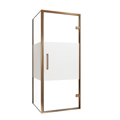 Balmani Senses Design douche en coin avec porte pivotante à droite et paroi latérale fixe, 90 x 80 cm, Verre transparent avec bande matte, Profil Brushed Rosegold
