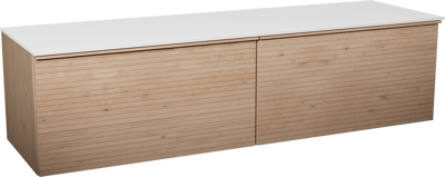 Balmani Forma zwevend badkamermeubel 180 x 55 cm natuur eik met Stretto enkel of dubbel tablet in solid surface mat wit, Horizontale symmetrische rechte ribbel