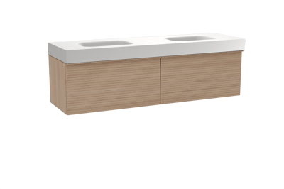 Balmani Forma meuble salle de bains suspendu 180 x 55 cm chêne naturel avec Arcato double vasque en solid surface blanc mat, Nervure droite symétrique horizontale