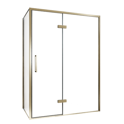 Balmani Senses Design douchehoek met rechtse draaideur en vaste zijwand, 140 x 90 cm, Helder glas, Brushed Champagne Gold profielen