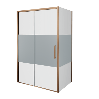 Balmani Senses Design Eckdusche: Schiebetür (Links) mit fixierte Seitenwand, 140 x 80 cm, Klarglas mit mattiertem Streifen, Profil Brushed Rosegold