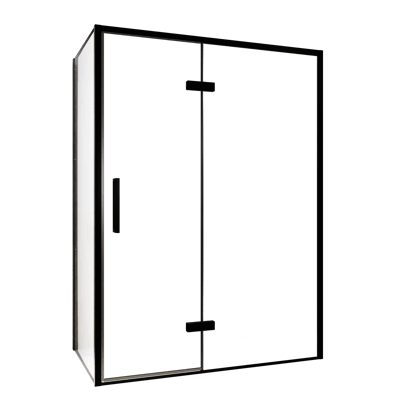 Balmani Senses Design douchehoek met rechtse draaideur en vaste zijwand, 140 x 80 cm, Helder glas, Zwarte profielen