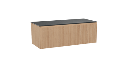 Balmani Fila hängendes Möbelstück Set: 135 x 55 cm, Naturbelassene Eiche, mit Stretto Einzel- oder Doppel Waschtischplatte, Granit, Schwarzes Granit, Vertikale symmetrische gerade Rippe