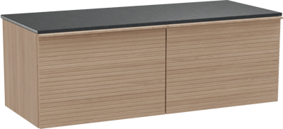 Balmani Forma zwevend badkamermeubel 135 x 55 cm natuur eik met Stretto enkel of dubbel tablet in graniet zwart, Horizontale symmetrische rechte ribbel