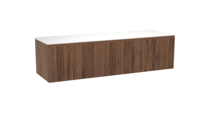 Balmani Fila hängendes Möbelstück Set: 180 x 55 cm, Nussbaum, mit Stretto Einzel- oder Doppel Waschtischplatte, Solid Surface, Weiß matt, Vertikale symmetrische gerade Rippe