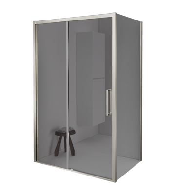 Balmani Senses Design douche en coin avec porte coulissante à gauche et paroi latérale fixe, 160 x 90 cm, Miroir Reflex, Profil Brushed CoolMetal