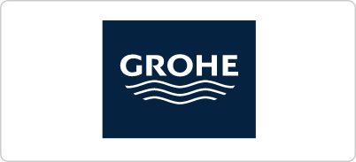 Logo von GROHE mit dem Markennamen in weißen Großbuchstaben und wellenförmigen Linien auf dunkelblauem Hintergrund.