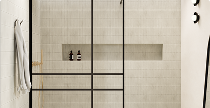 Paroi de douche moderne avec grille noire et niche intégrée dans une salle de bains lumineuse – X²O Salles de bains.